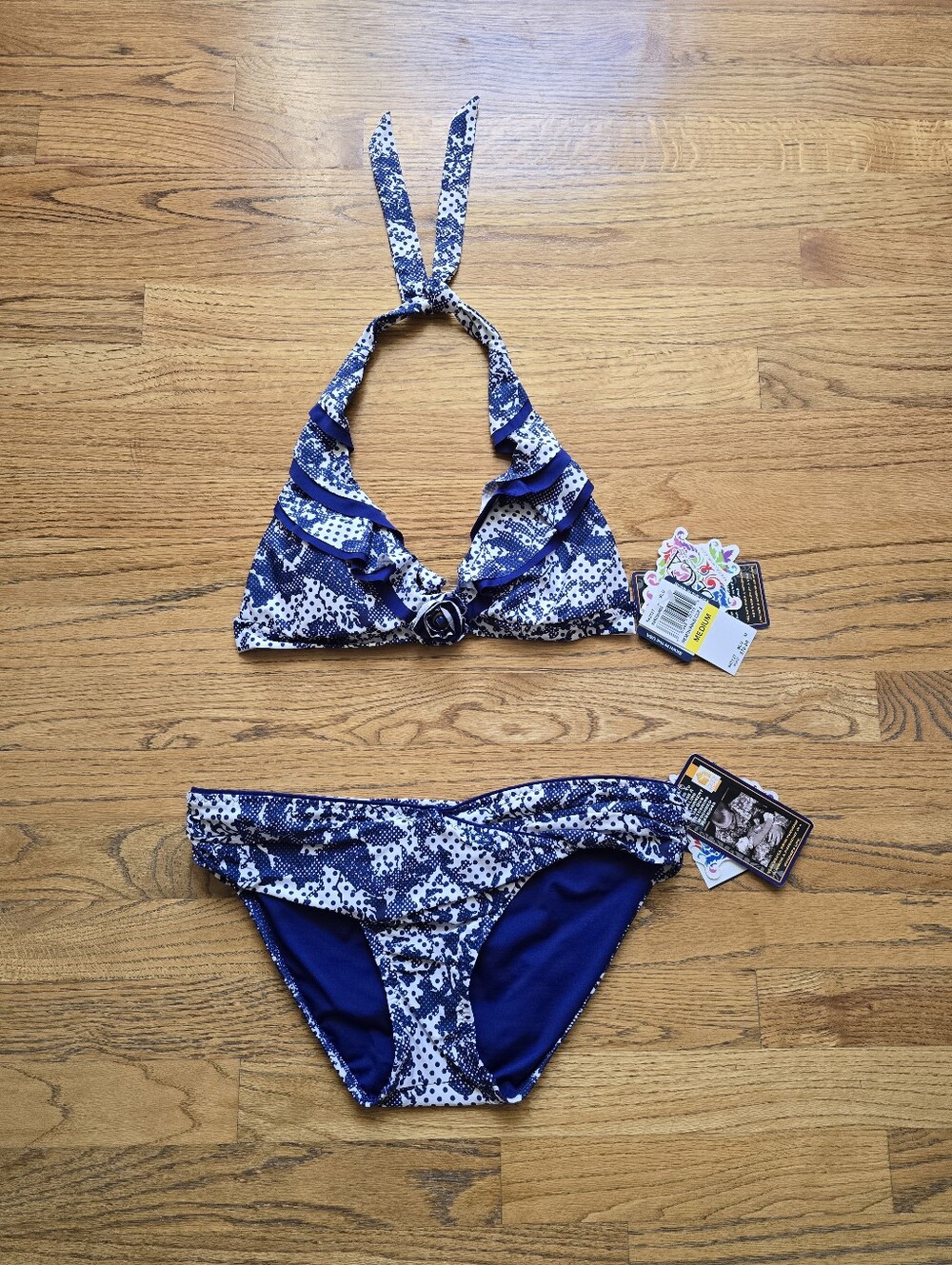 Becca 2Pc Bikini Set Blue White Floral Print Size M